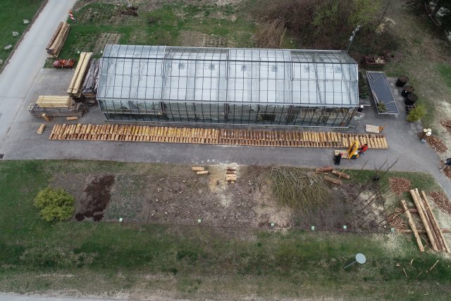 Versuchsaufbau mit 100 Teststämmen im Rahmen des Projekts Debarking Heads II. Foto: J. Heppelmann, HSWT. 