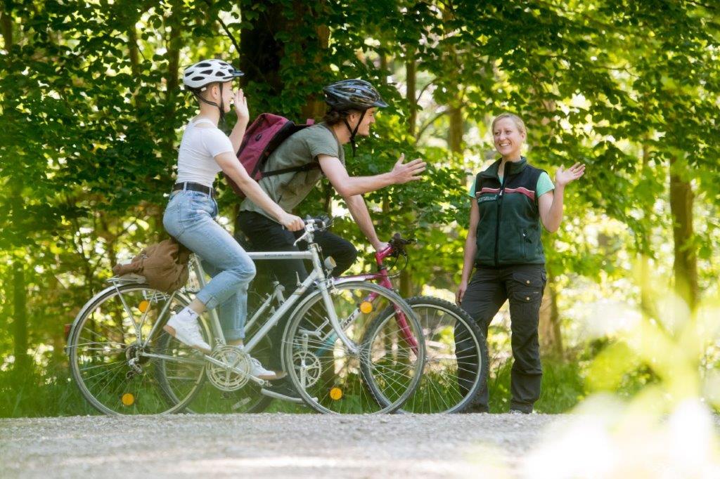 Radfahrer begegnen einer Försterin im Wald. Foto: T. Hase, StMELF